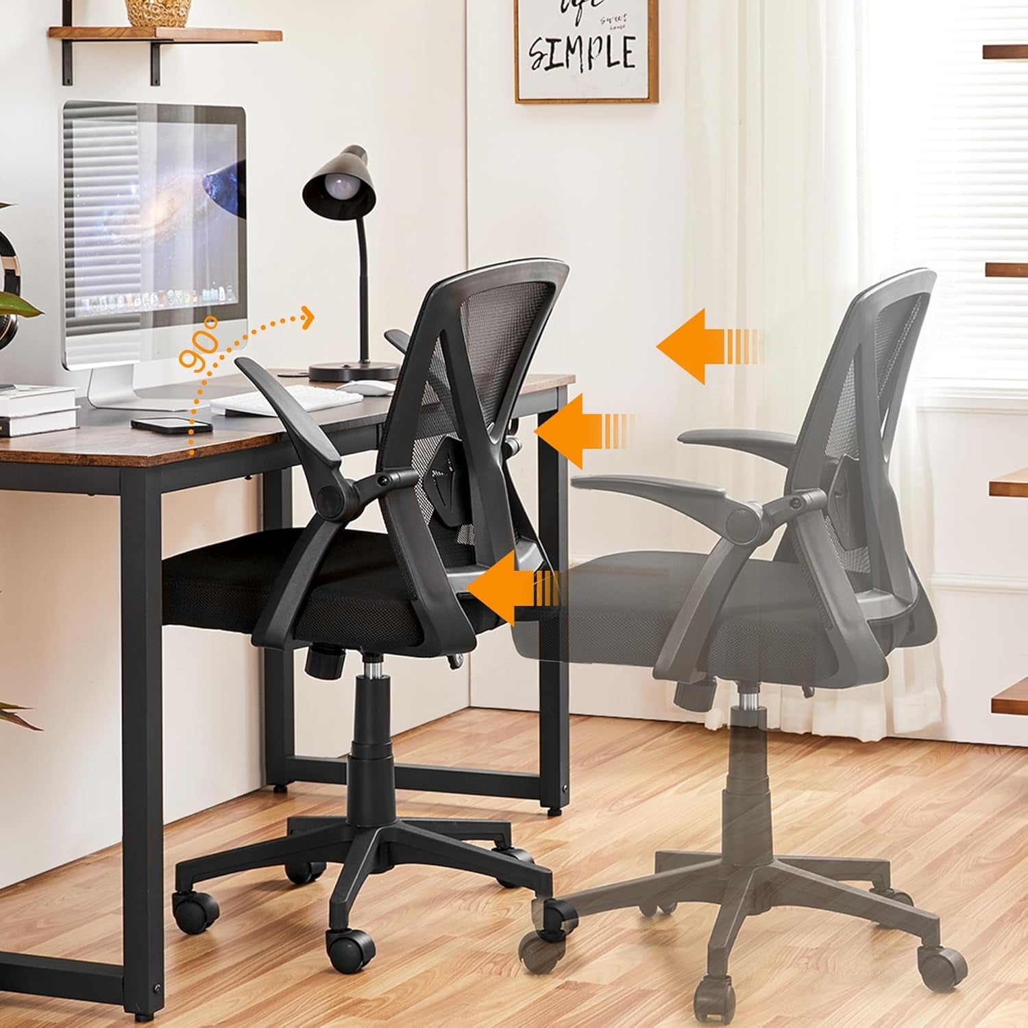 Home Office Chair Work Desk Chair Swivel Computer Mesh Chair with Flip-Up Arms Adjustable Height Lumbar Support Executive Office Task Chair for Home Office Students Study, Black-3