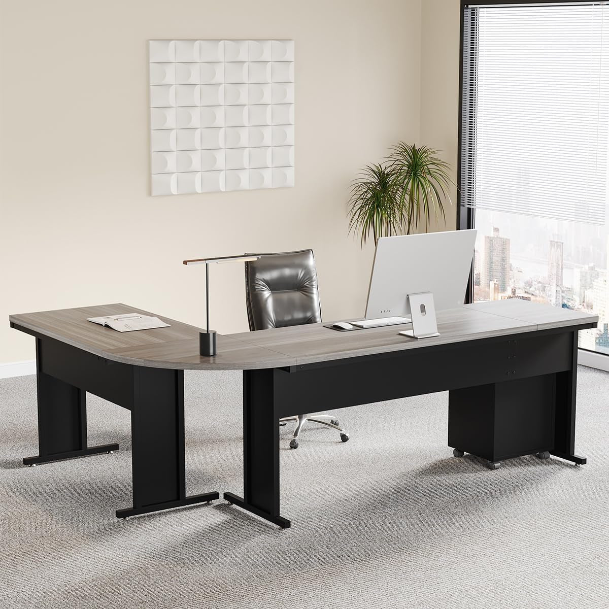 83 Inch L-Shaped Desk with Drawers, Large Executive Office Desk with 3-Drawer File Cabinet, Industrial Corner Computer Desk Business Workstation Furniture for Home Office (Gray)-3