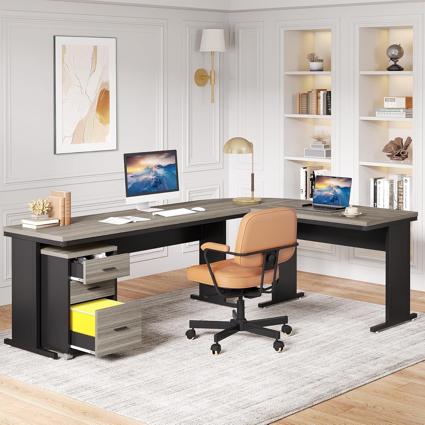 83 Inch L-Shaped Desk with Drawers, Large Executive Office Desk with 3-Drawer File Cabinet, Industrial Corner Computer Desk Business Workstation Furniture for Home Office (Gray)-4