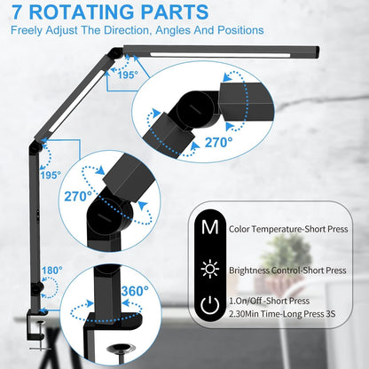 LED Desk Lamp with Clamp, Architect Desk Lamp with Dual Light and Adjustable Swing Arm, Clip-On Eye-Care 4 CCT Modes & 5 Brightness Levels Table Light Modern Computer Lighting for Home Office-2