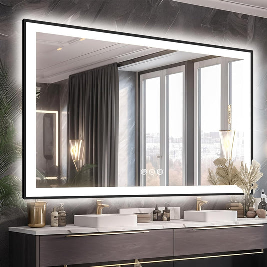 60X40 LED Mirror for Bathroom - Matte Black Framed (Front and Backlit), Anti-Fog Vanity Mirror with Lights,Stepless Dimmable Lit Mirror,3 Colors Smart Mirror(Horizontal/Vertical)-0
