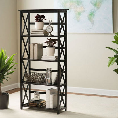 Tall 5-Tier Bookcase in Black Wood Finish-0