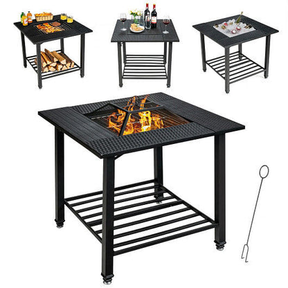 Steel Outdoor Fire Pit Dining Table – 4-in-1 BBQ Grill, Ice Bucket & Patio Heater