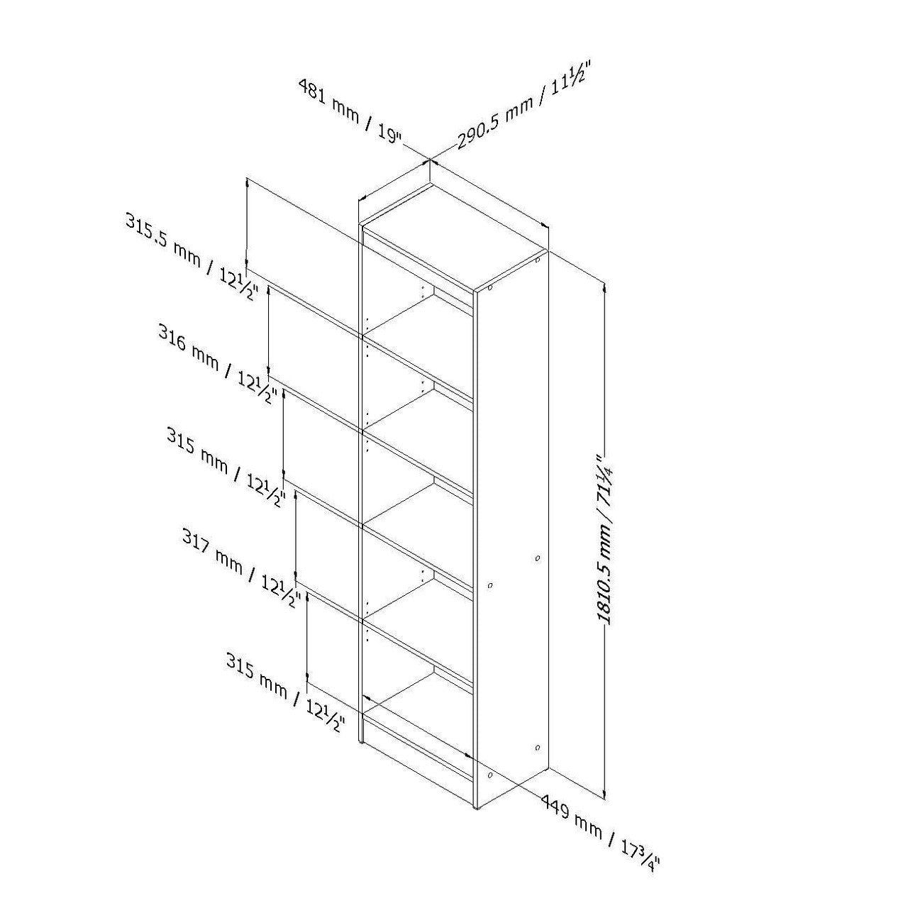 5-Shelf Narrow Bookcase Black Finish-1