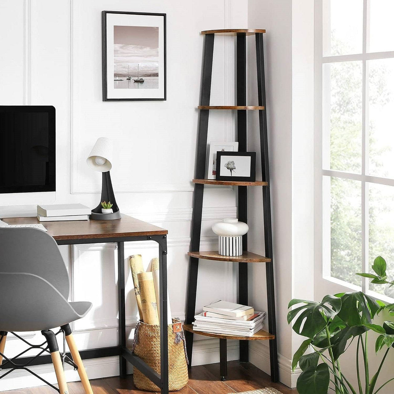 Modern 4-Shelf Brown Black Corner Shelving Unit Slim Bookcase-0