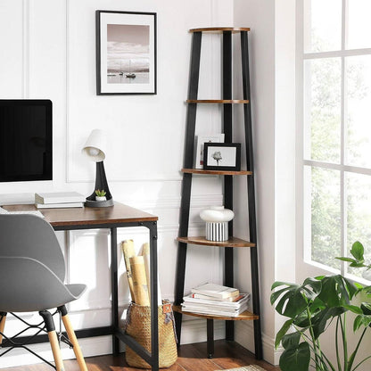 Modern 4-Shelf Brown Black Corner Shelving Unit Slim Bookcase-0