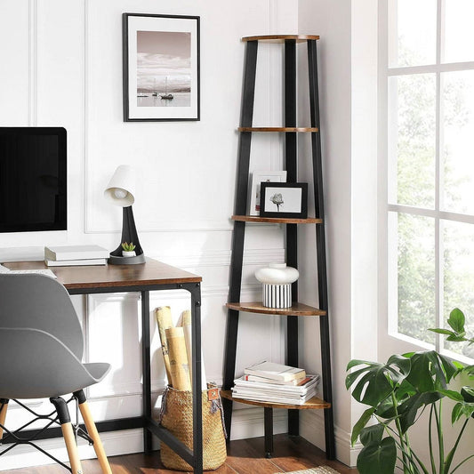Modern 4-Shelf Brown Black Corner Shelving Unit Slim Bookcase-0