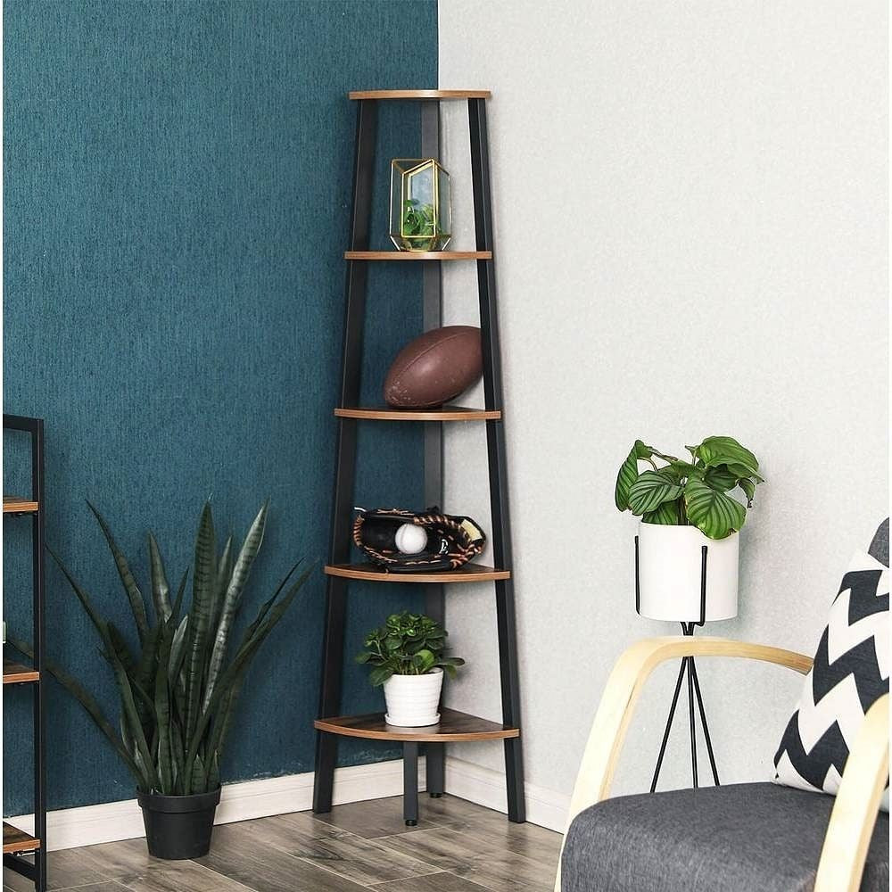 Modern 4-Shelf Brown Black Corner Shelving Unit Slim Bookcase-1