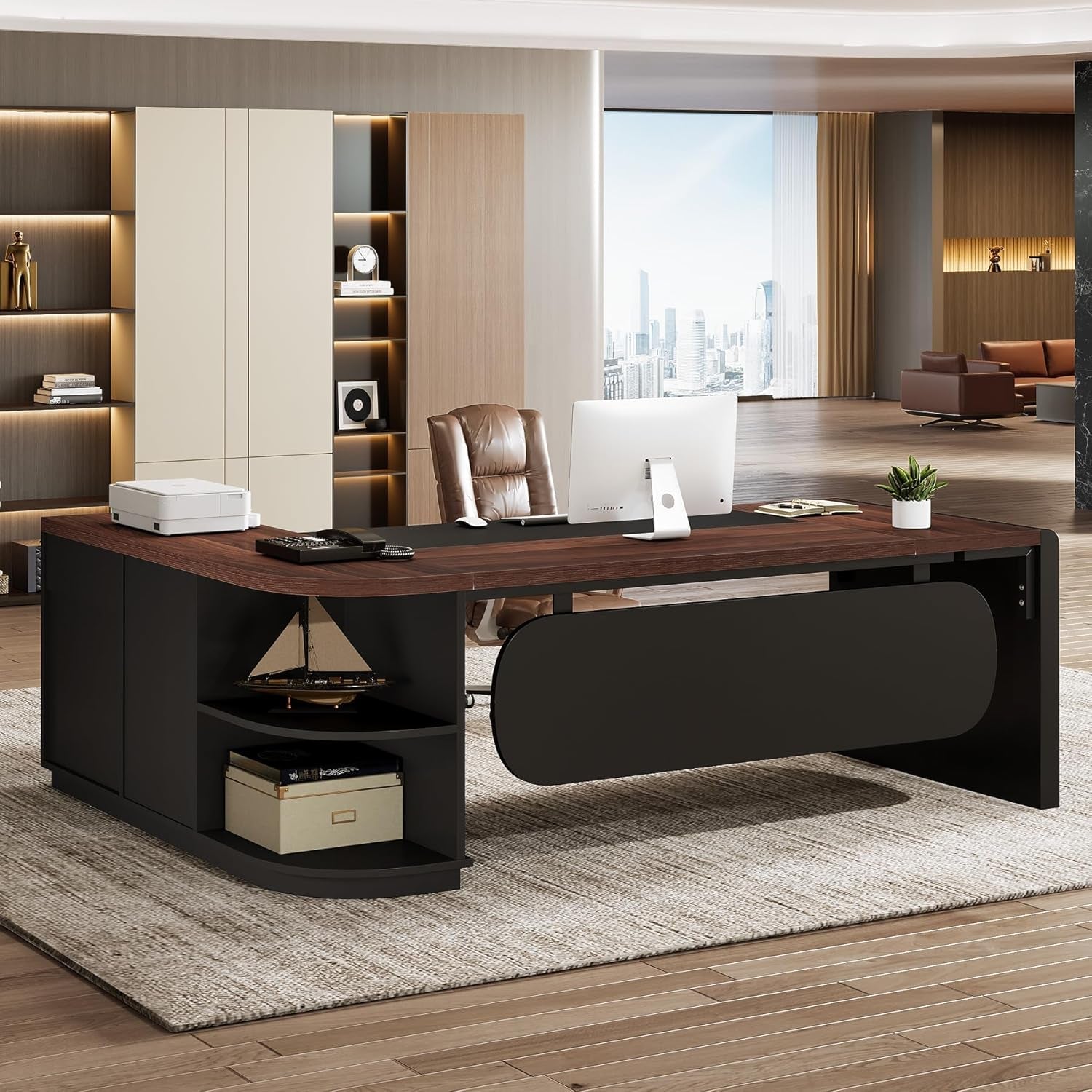 L Shaped Desk With Storage Shelves For Home Office-0