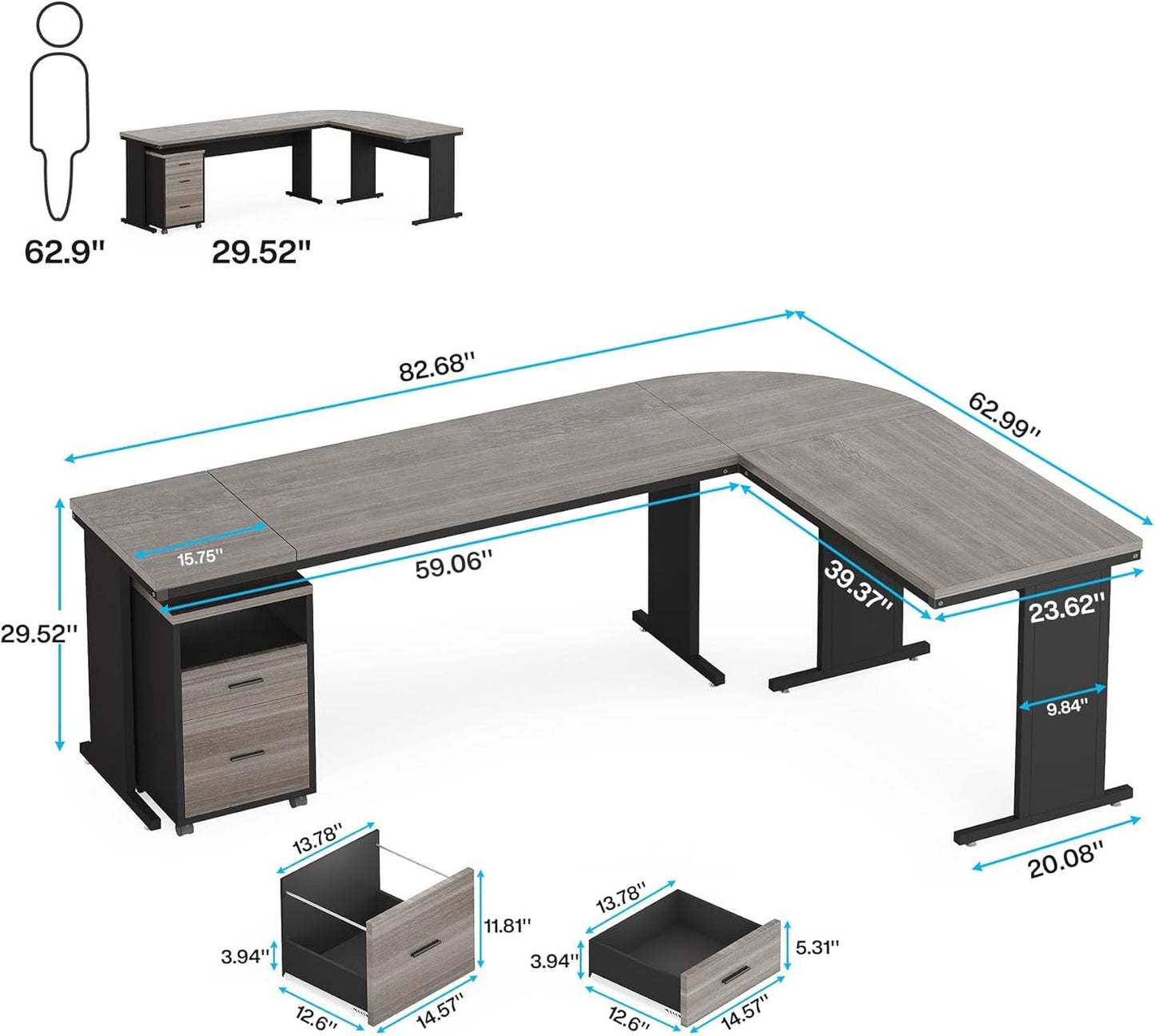 83 Inch L-Shaped Desk with Drawers, Large Executive Office Desk with 3-Drawer File Cabinet, Industrial Corner Computer Desk Business Workstation Furniture for Home Office (Gray)-1