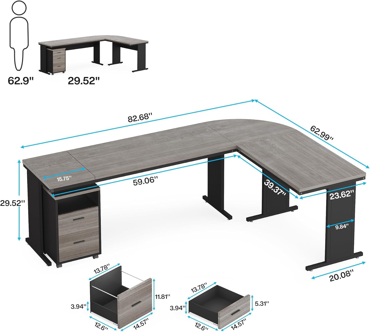 83 Inch L-Shaped Desk with Drawers, Large Executive Office Desk with 3-Drawer File Cabinet, Industrial Corner Computer Desk Business Workstation Furniture for Home Office (Gray)-1
