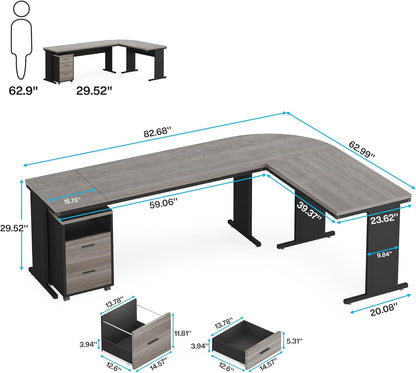 83 Inch L-Shaped Desk with Drawers, Large Executive Office Desk with 3-Drawer File Cabinet, Industrial Corner Computer Desk Business Workstation Furniture for Home Office (Gray)-1