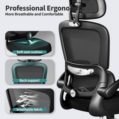 Office Chair Ergonomic Desk Chair, 330 LBS Home Mesh Office Desk Chairs with Wheels, Comfortable Gaming Chair, High Back Office Chair for Long Hours (Black)-2